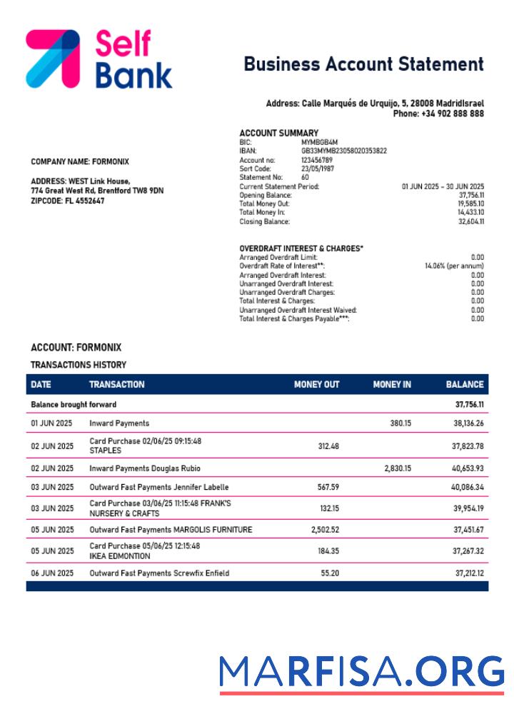 Realistic Spain Self Bank enterprise account statement Word and PDF template